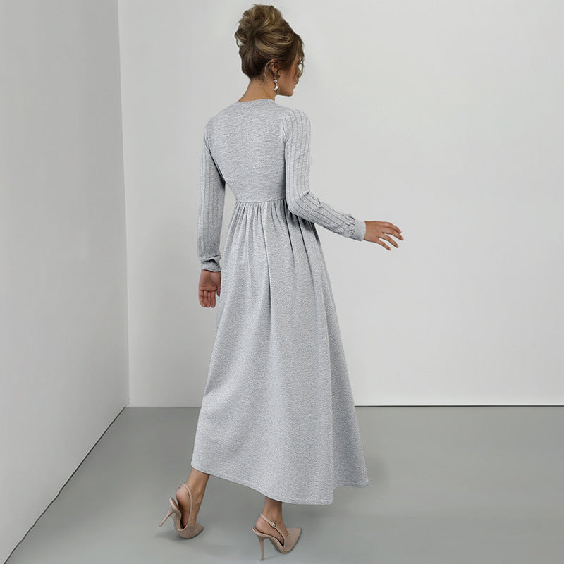 V-neck Long-sleeve Dress Women's Solid Color High-grade Brushed Split Dress