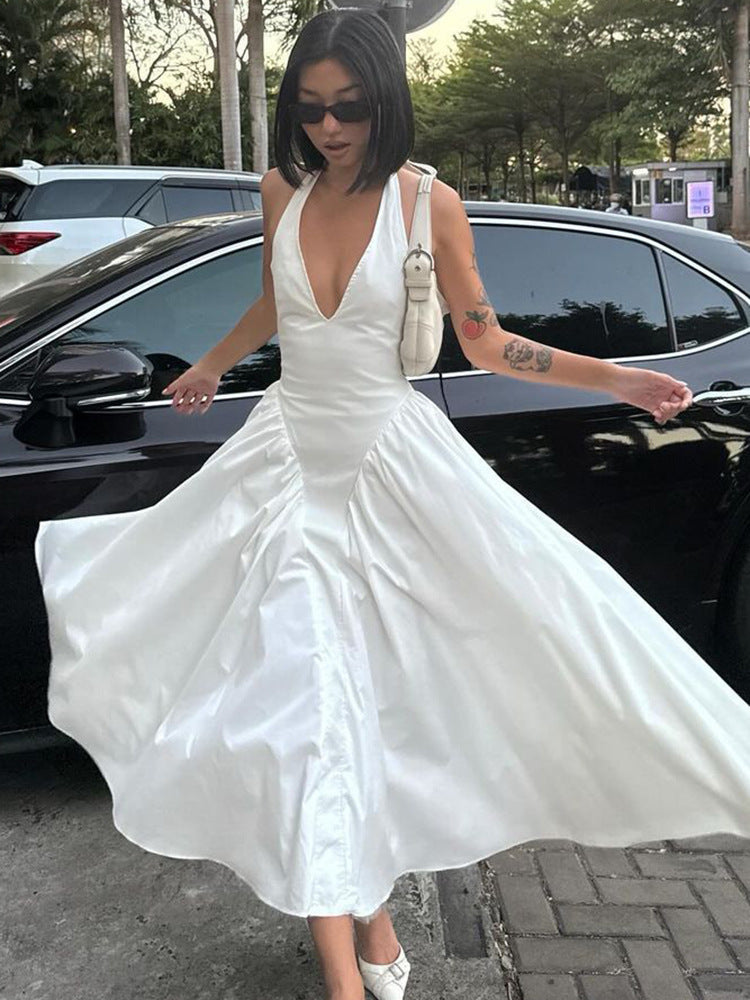 Hot New Sexy Solid Color Deep V Neck Hollow Out Halter Elegant Flared Hem Dress For Women