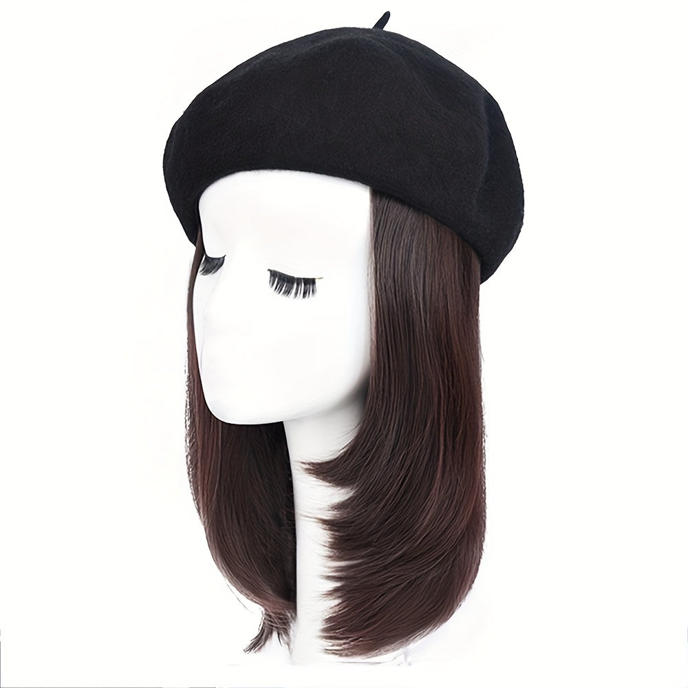 Hat Wig Beret Hat With Hair Extensions Classic French Fashion Hat Attached 11" Synthetic Straight Short Bob Hairpiece For Women Winter Warm Cap Wig Christmas Gift