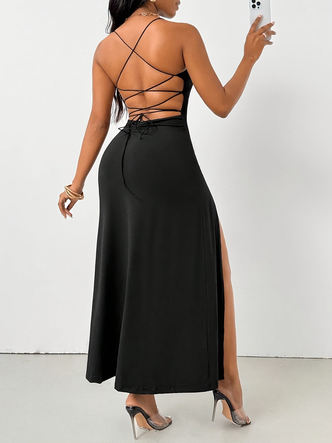 Flattering Fit Solid Color Strapless Crossback Dress - High Slit, Adult Polyester Knit Fabric, Spring/Summer Collection