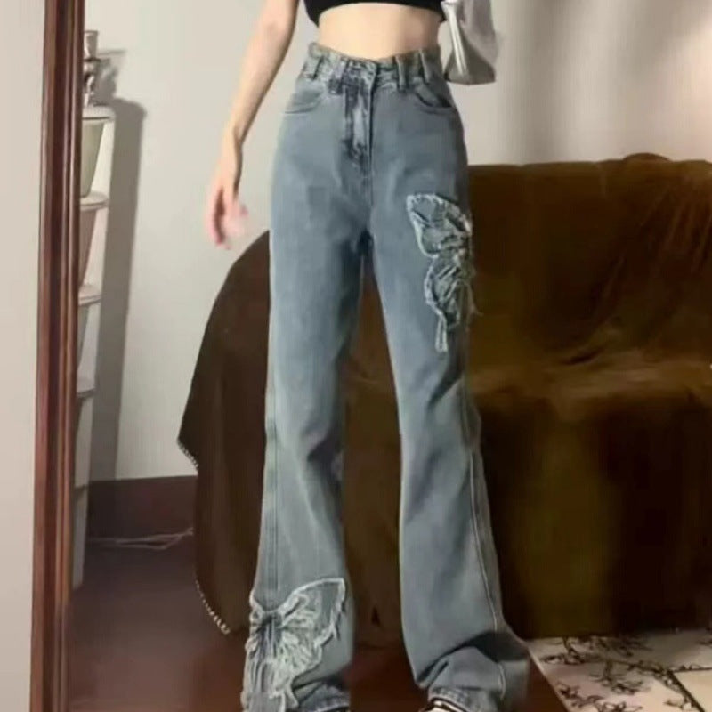 Retro Butterfly Embroidered Jeans High Waist Wash Slightly Flared Mop
