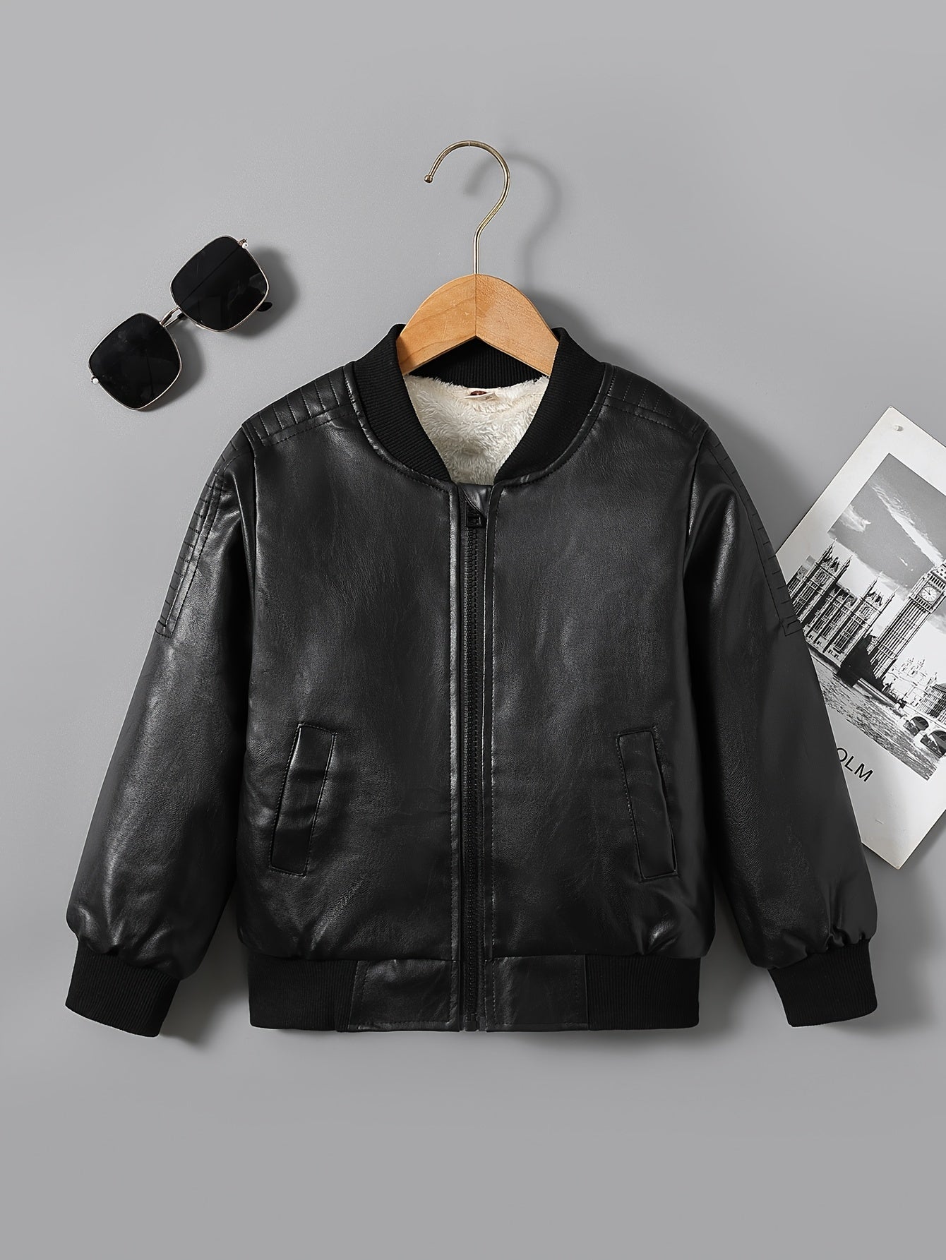 [Fleece-Lined Jacket] Cozy Fleece-Lined Boys' Zip-Up Jacket | Casual Stand Collar, Long Sleeve Outerwear for Fall/Winter