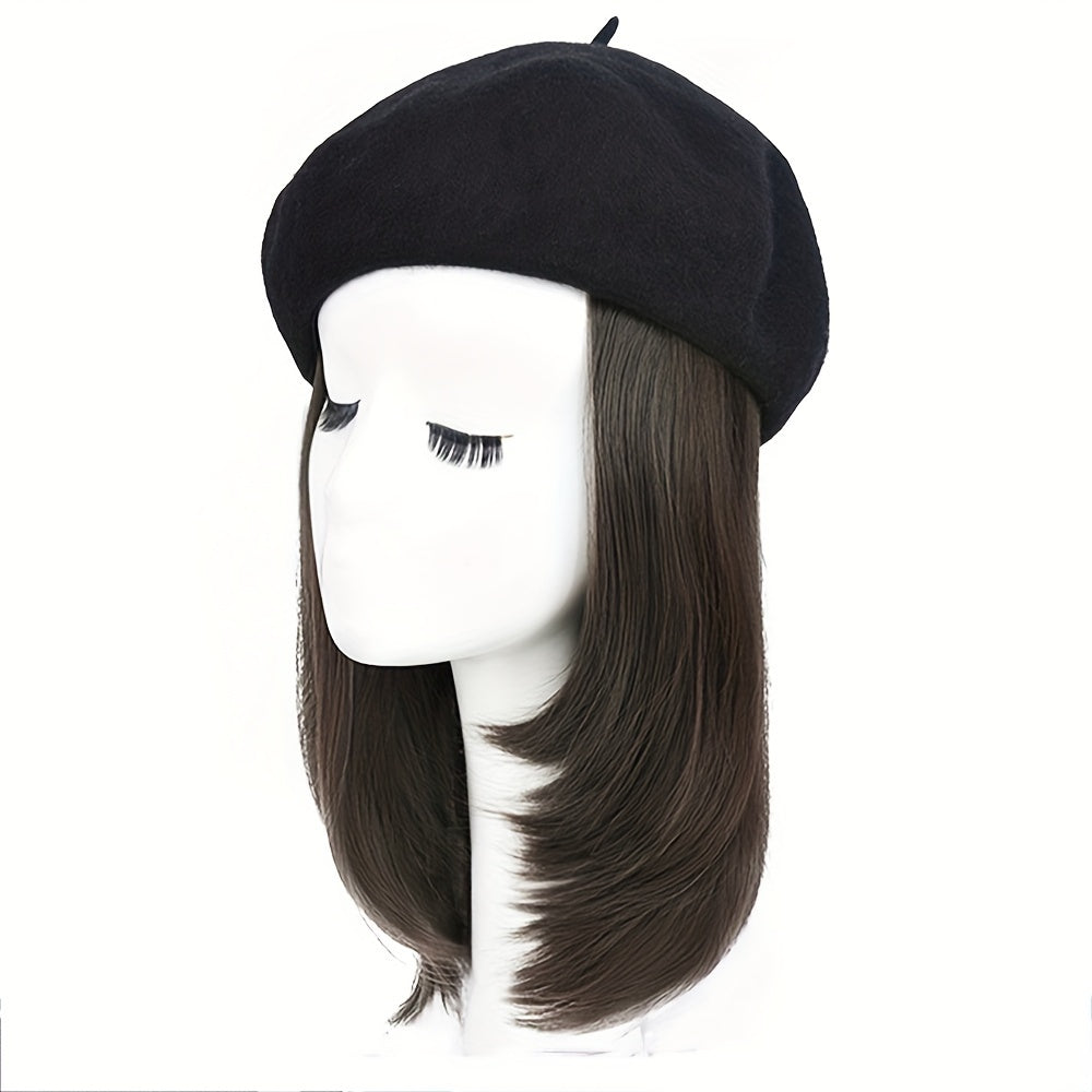Hat Wig Beret Hat With Hair Extensions Classic French Fashion Hat Attached 11" Synthetic Straight Short Bob Hairpiece For Women Winter Warm Cap Wig Christmas Gift