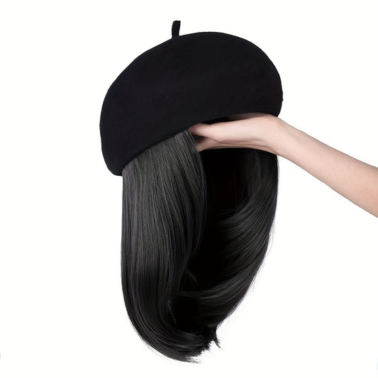 Hat Wig Beret Hat With Hair Extensions Classic French Fashion Hat Attached 11" Synthetic Straight Short Bob Hairpiece For Women Winter Warm Cap Wig Christmas Gift