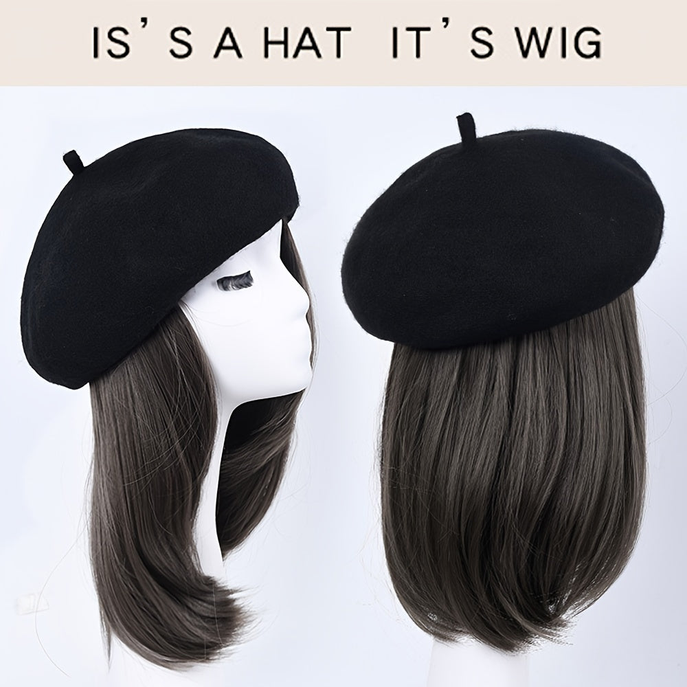 Hat Wig Beret Hat With Hair Extensions Classic French Fashion Hat Attached 11" Synthetic Straight Short Bob Hairpiece For Women Winter Warm Cap Wig Christmas Gift