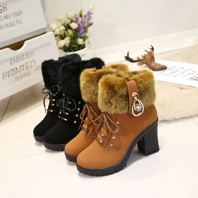 Plush Martin Boots with Lace-Up High Heels