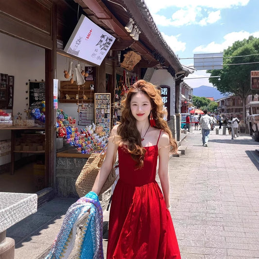 French Style Red Slip Dress Women's Sexy Backless Suitable For Seaside Vacation
