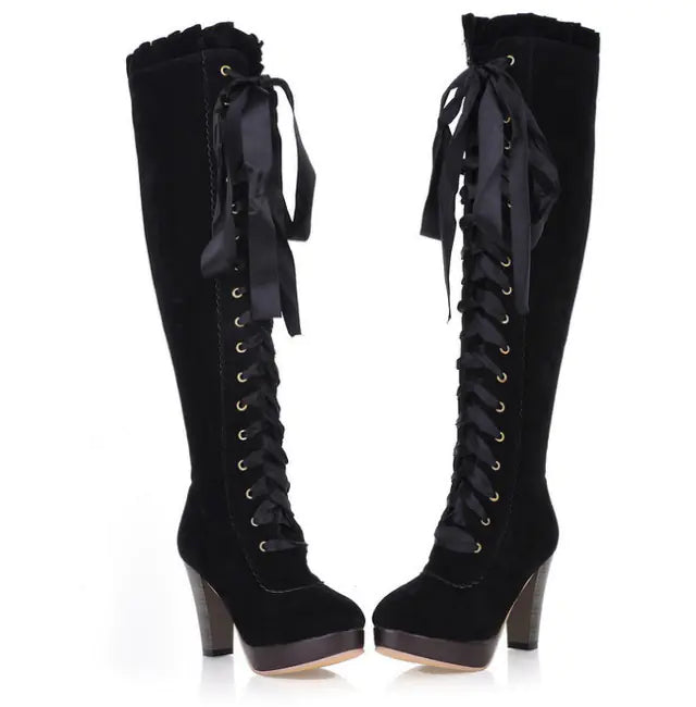 Velvet Strappy High Heels Tall Boots for Women