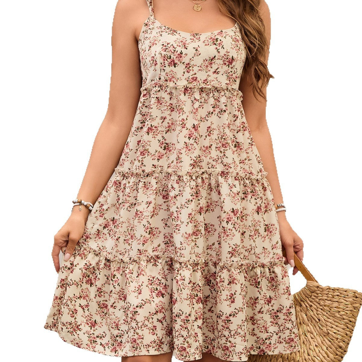 Women Floral Pleated Lace Up Dress