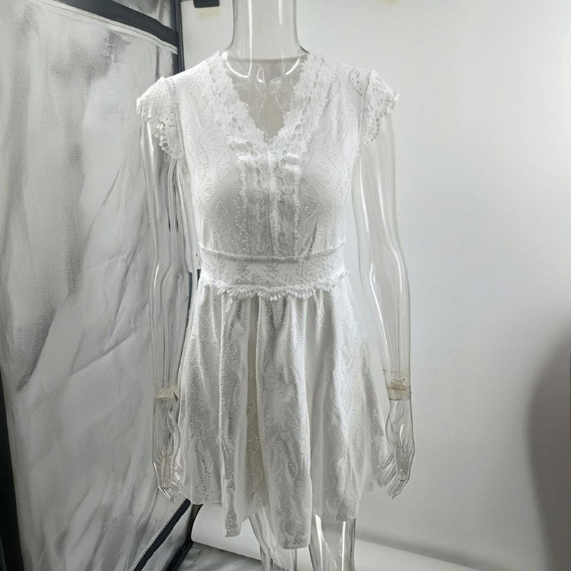 Women's V-Neck Solid Color Short Sleeve Dress With Lace Trim - Summer Sexy Vacation Dress