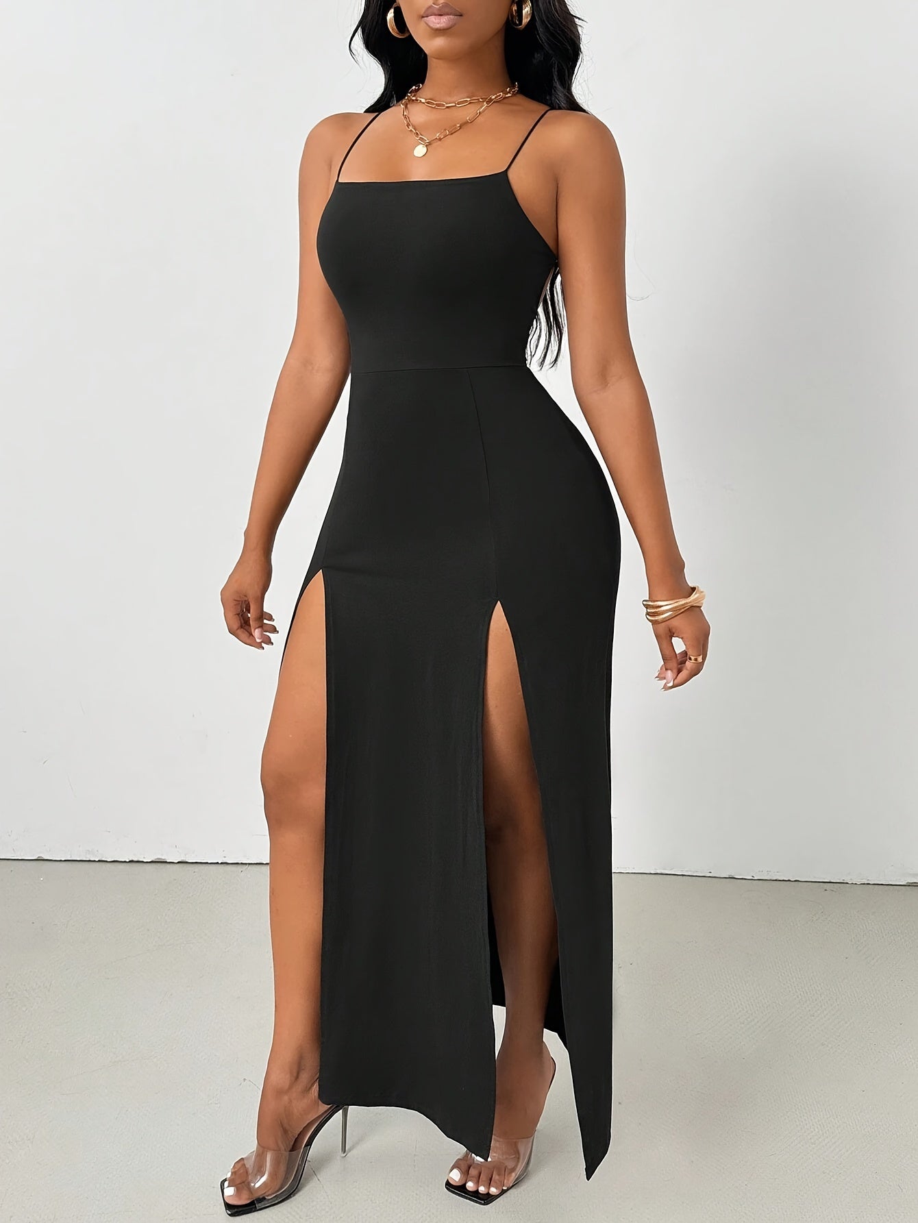 Flattering Fit Solid Color Strapless Crossback Dress - High Slit, Adult Polyester Knit Fabric, Spring/Summer Collection