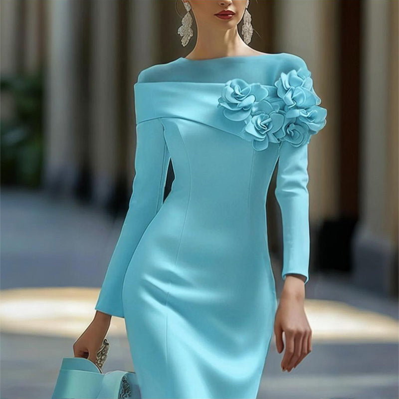 Women's Floral Embellished Long Sleeve Solid Color Round Neck A-Line Bodycon Party Dress For Spring&Summer Vacation