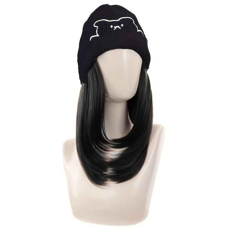 Winter Beanie Match With 10-inch Synthetic Hair Extensions For Women, Cable Knit Slouchy Hat Wig Combo, Warm Fashion Headwear For Autumn And Winter Halloween Christmas