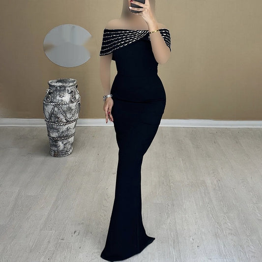 Off-shoulder Handmade Diamond Strip Dress Evening Dress