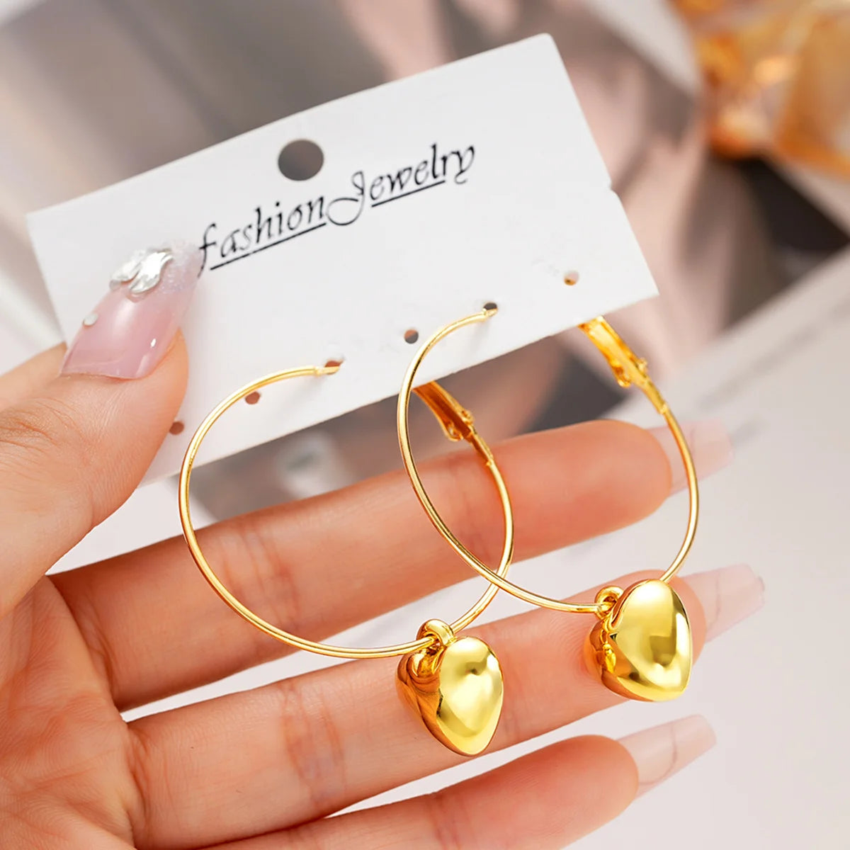 Heart Pendant Drop Earrings - Gold Circle Hoops | Korean Style | KHYAL&Co