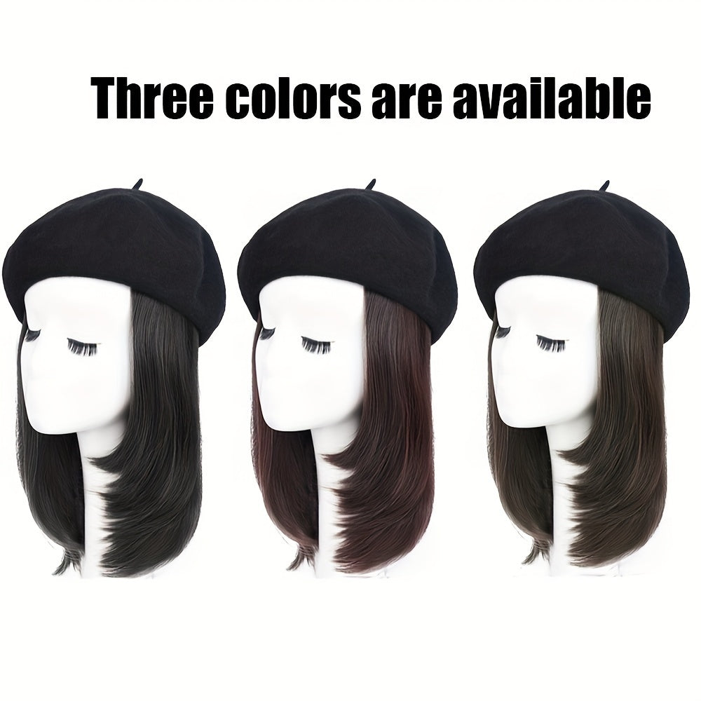 Hat Wig Beret Hat With Hair Extensions Classic French Fashion Hat Attached 11" Synthetic Straight Short Bob Hairpiece For Women Winter Warm Cap Wig Christmas Gift