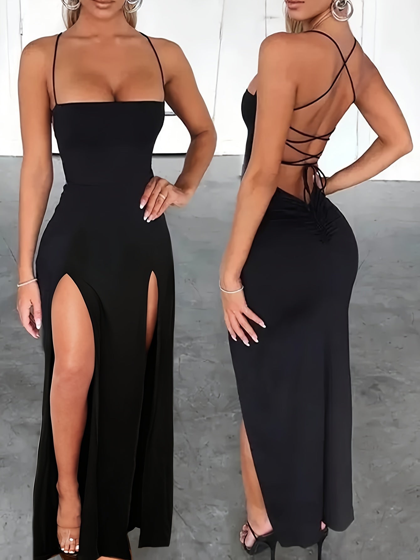 Flattering Fit Solid Color Strapless Crossback Dress - High Slit, Adult Polyester Knit Fabric, Spring/Summer Collection