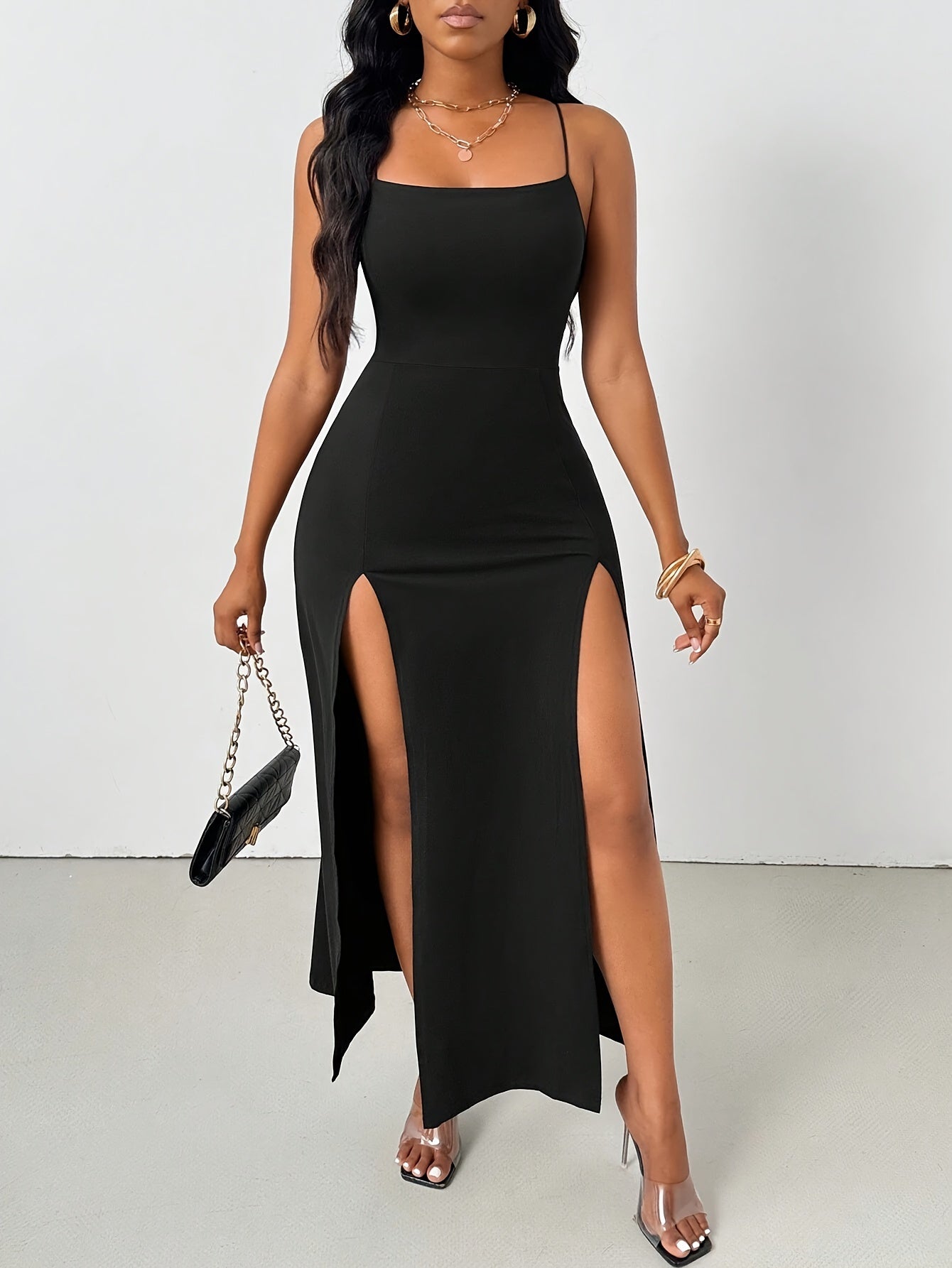 Flattering Fit Solid Color Strapless Crossback Dress - High Slit, Adult Polyester Knit Fabric, Spring/Summer Collection