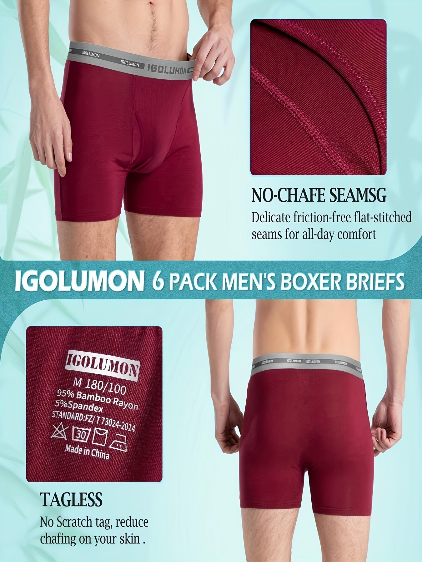 6 Pack Soft Bamboo Rayon IGOLUMON Mens Underwear, Breathable Boxer Briefs For Men Trunks With Fly