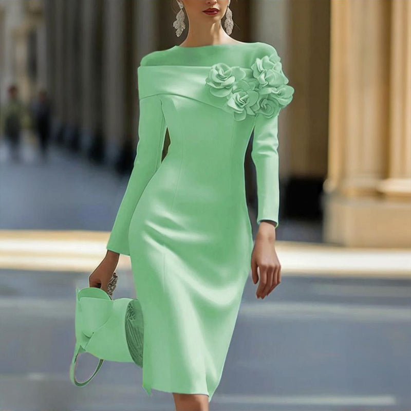 Women's Floral Embellished Long Sleeve Solid Color Round Neck A-Line Bodycon Party Dress For Spring&Summer Vacation