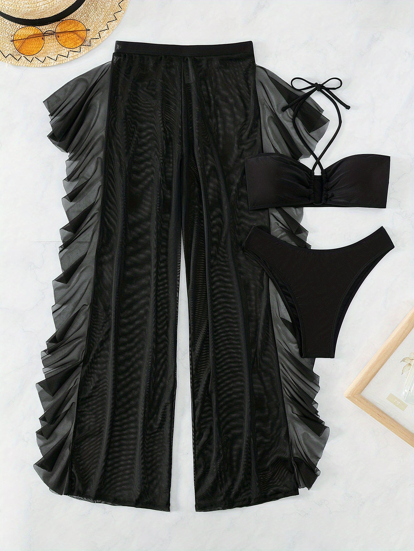 [Sexy Mesh Bikini] Three-piece Sexy Black Mesh Bikini Swimsuit Women's Pure Fashion Gathered Cross-Band Panty