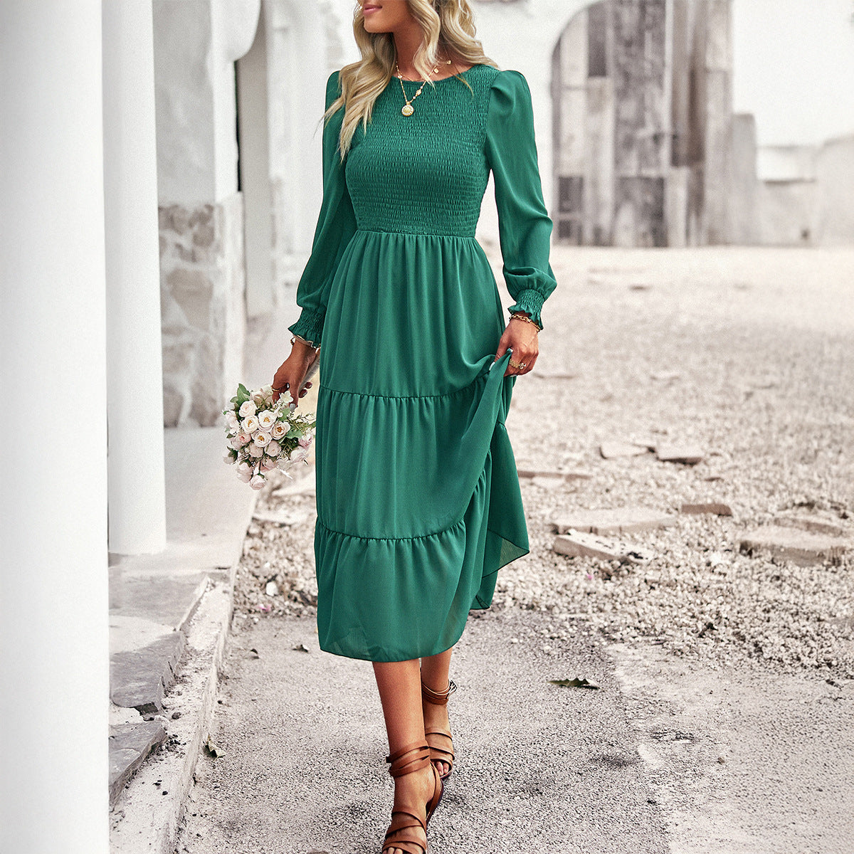 Casual Vacation Long Sleeve Waist Dress Women's Clothing