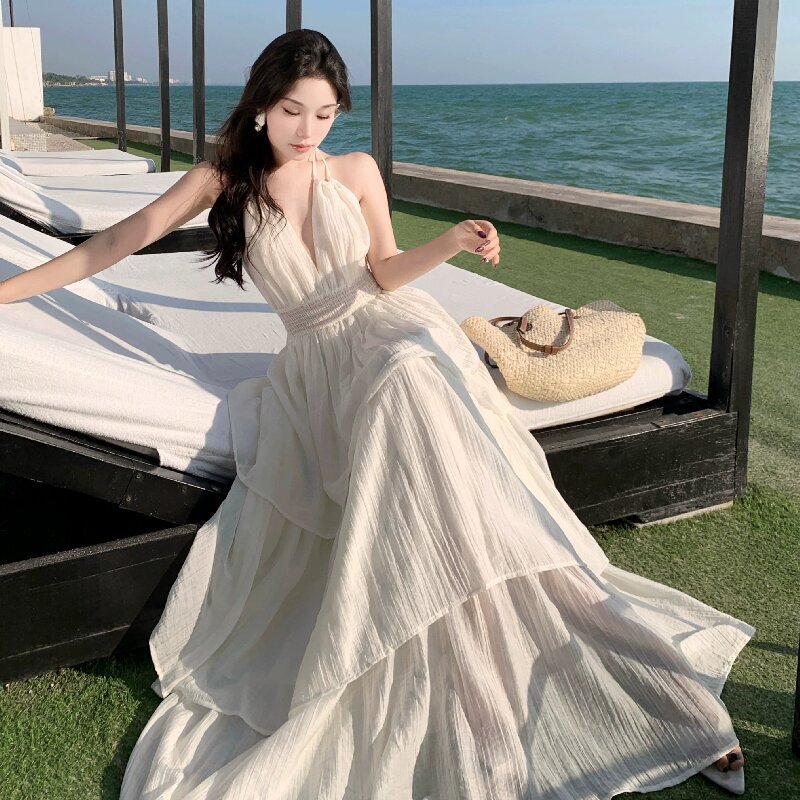 Deep V New Patchwork Slim Fit Slimming Spaghetti Straps Tiered-Ruffle Long Dress