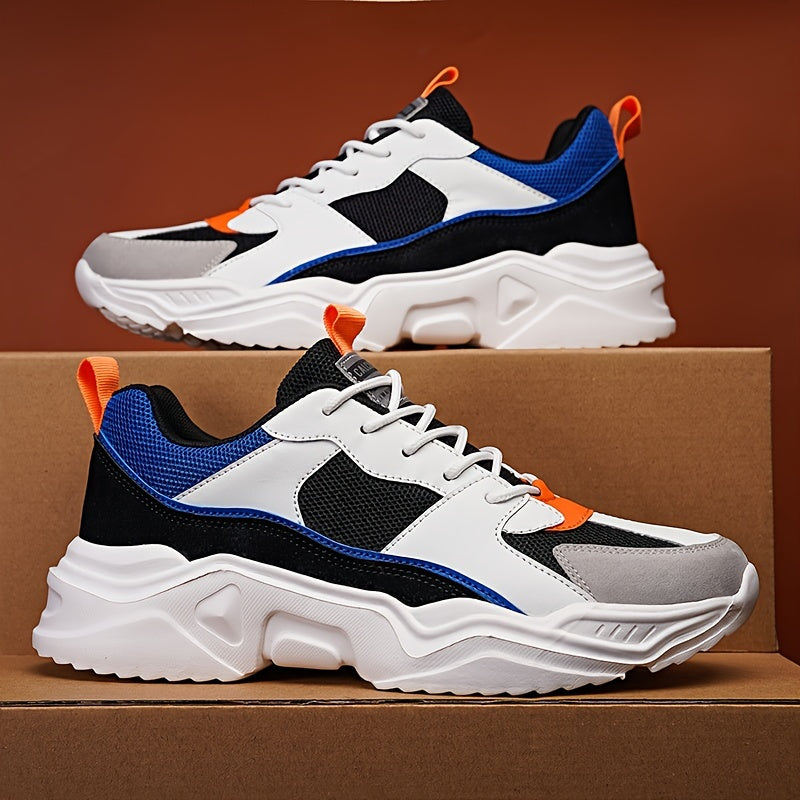 [Breathable Sneakers] Chunky Breathable Mesh Sneakers | Men's White & Teal Casual Sneakers with EVA Sole, Lace-Up Design for All Seasons