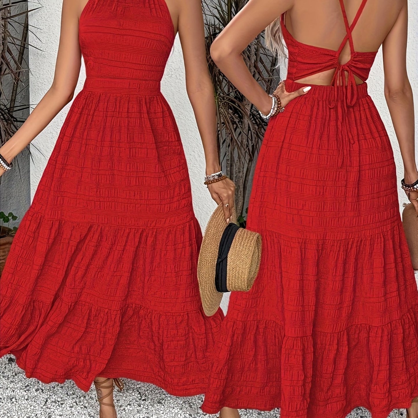 New Spring And Summer Collection for 2025, an Elegant Backless Dress Perfect for Vacations, a Sexy Long Red Dress with Back Ties.