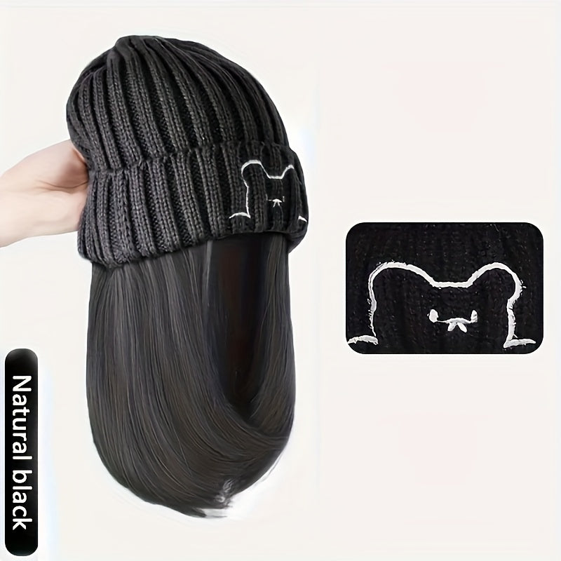 Winter Beanie Match With 10-inch Synthetic Hair Extensions For Women, Cable Knit Slouchy Hat Wig Combo, Warm Fashion Headwear For Autumn And Winter Halloween Christmas