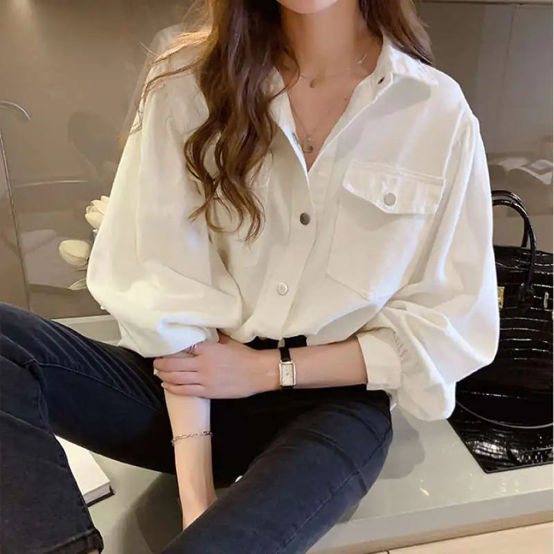 Spring Fashion Solid Long Sleeve Blouses with Pockets