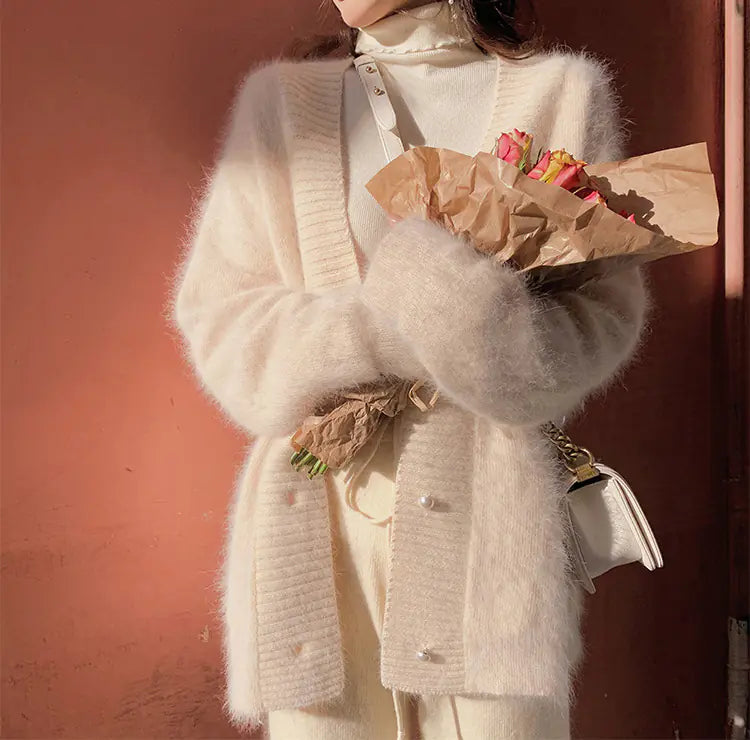 Women's White Mohair Cardigan Sweater for Fall/Winter