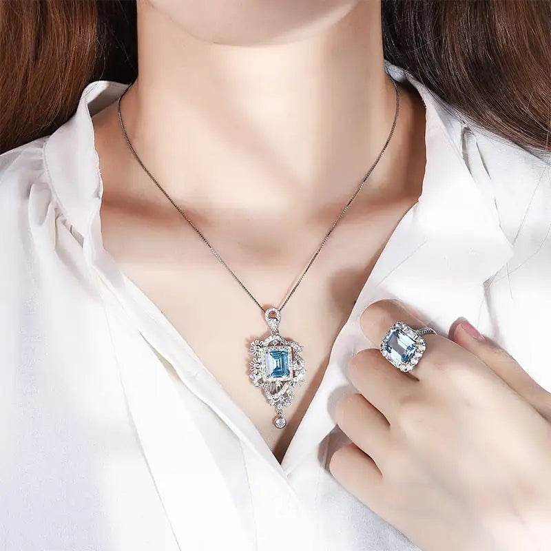 Simulated Aquamarine Pendant and Ring Set