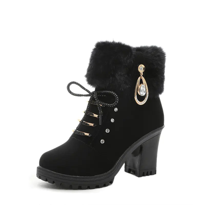 Plush Martin Boots with Lace-Up High Heels