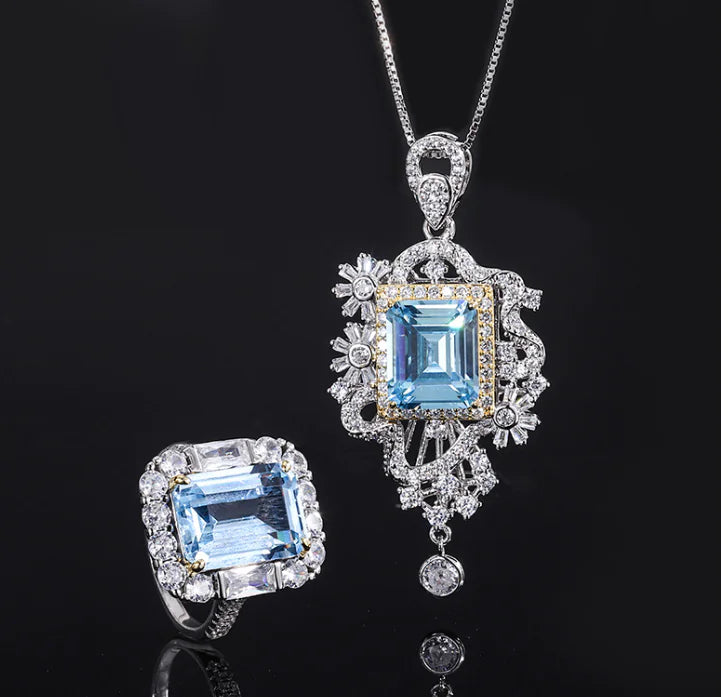 Simulated Aquamarine Pendant and Ring Set