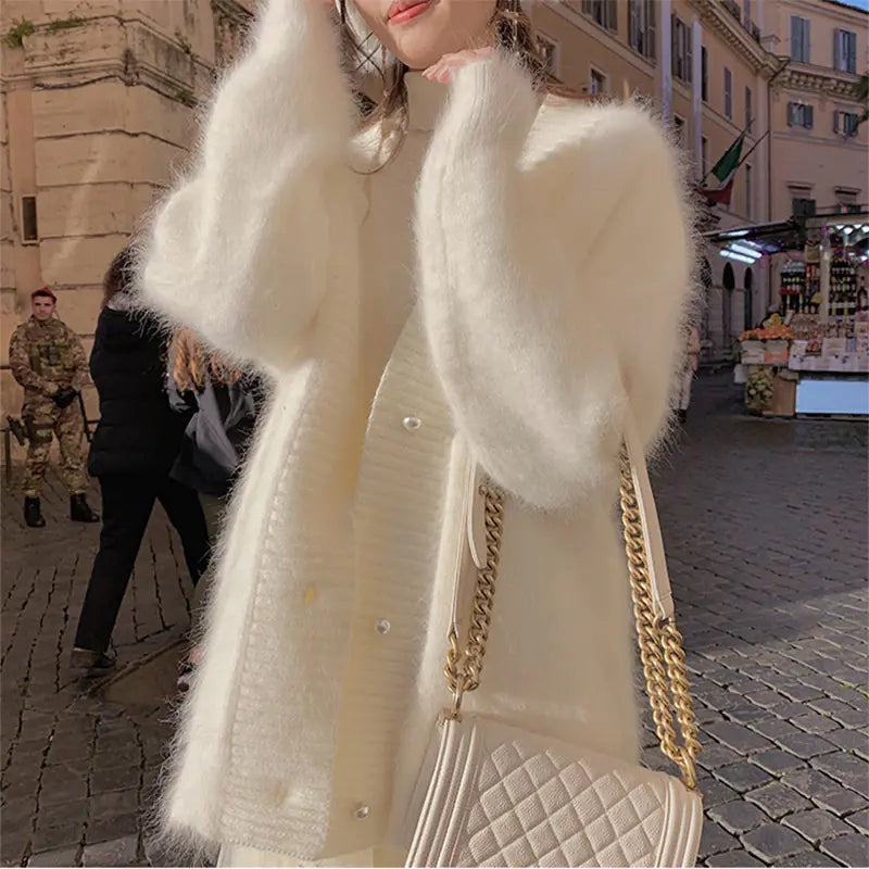 Women's White Mohair Cardigan Sweater for Fall/Winter